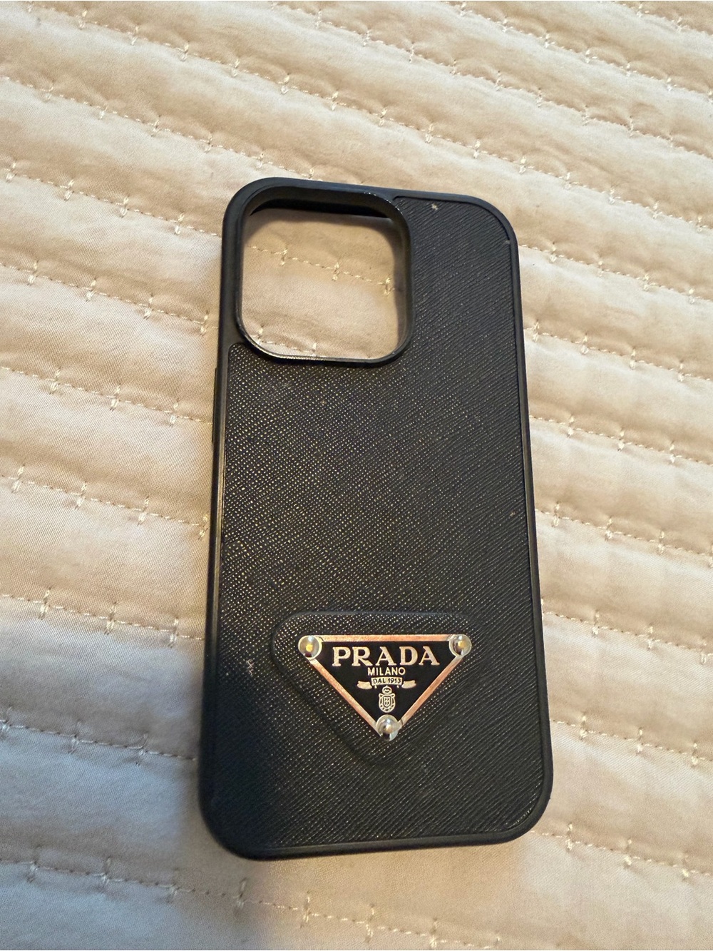 Prada Black Saffiano Leather-Style Phone Case with Gold Logo